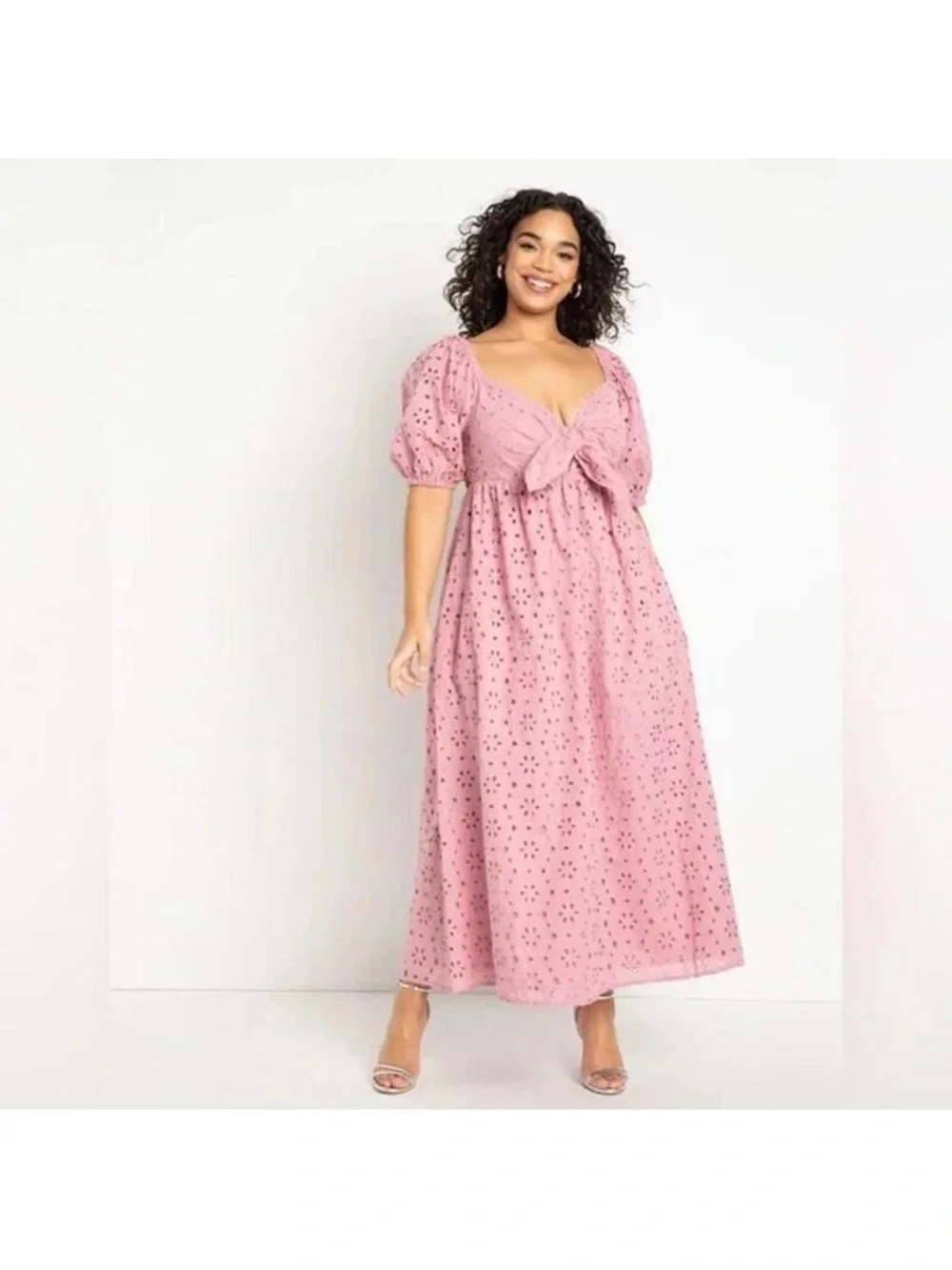 Eloquii Woman’s Eyelet Detain Tie Front Puff Sleeve Maxi Dress SZ 16 Pink Mauve - Picture 1 of 10